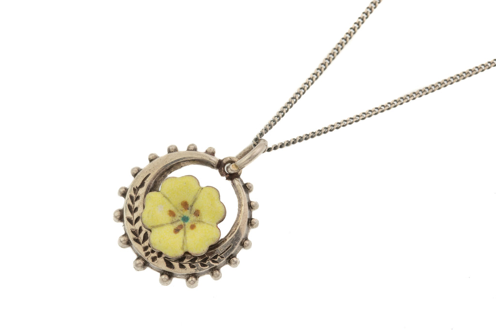 Silver & Enamel Pansy Charm, with 16" Chain