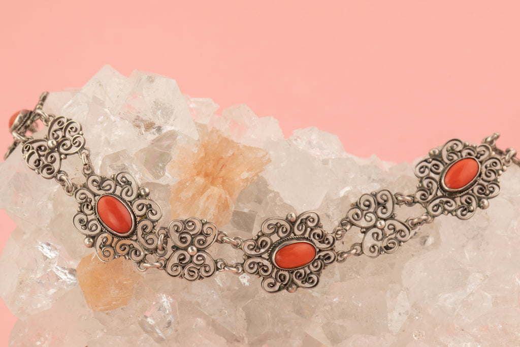 Art Nouveau Coral Silver Cannetille Bracelet, 7"