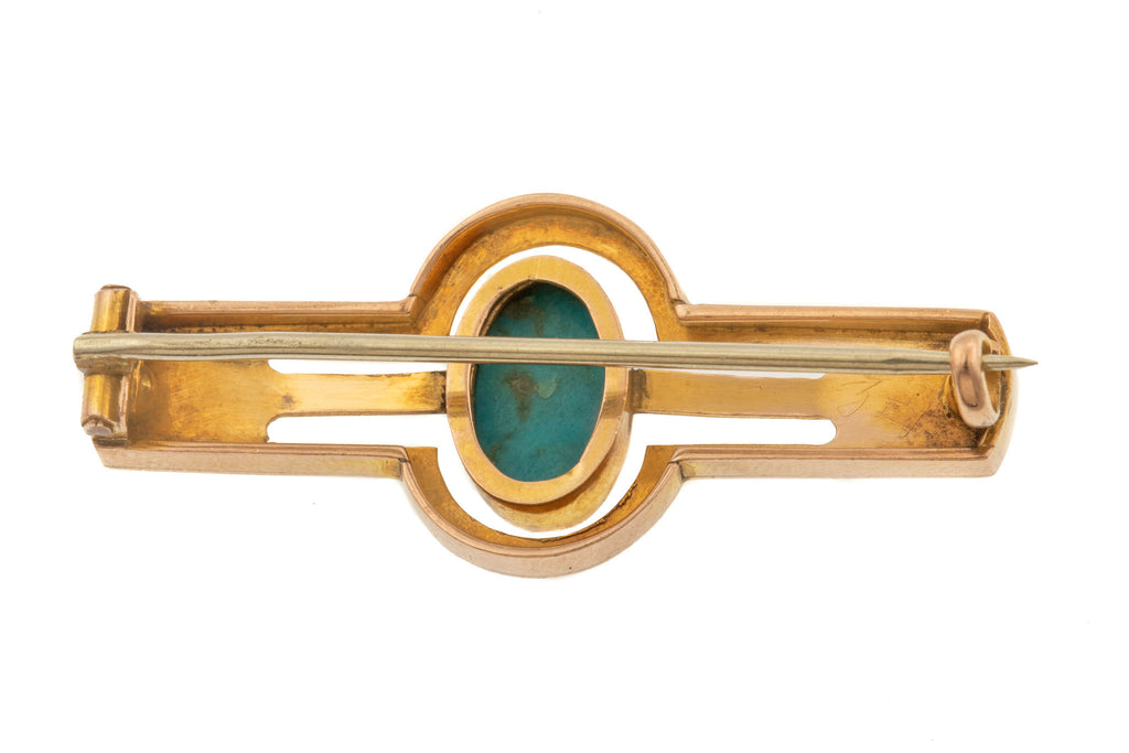 Art Nouveau 9ct Gold Turquoise Bar Brooch - Murrle Bennett