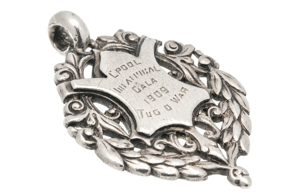Edwardian Silver Fob Medal Pendant, Liverpool Tug Of War c.1900