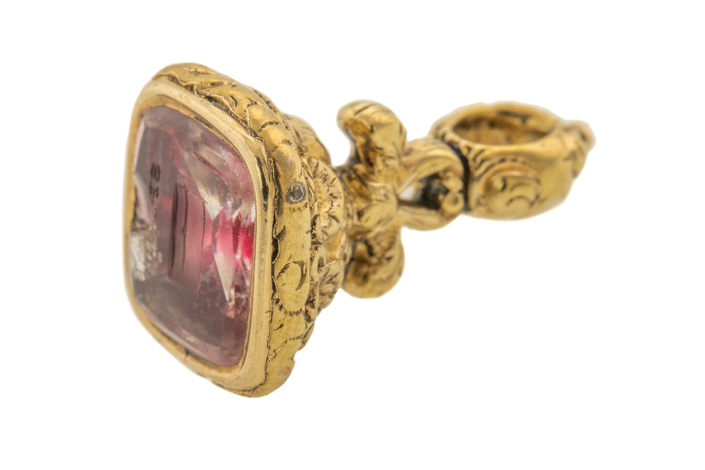 Antique 9ct Gold Foiled Pink Paste Fob - Intaglio "SPEED"