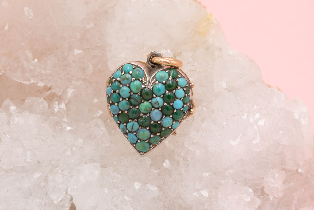 Victorian Turquoise Pavé Heart Locket, Gold & Silver