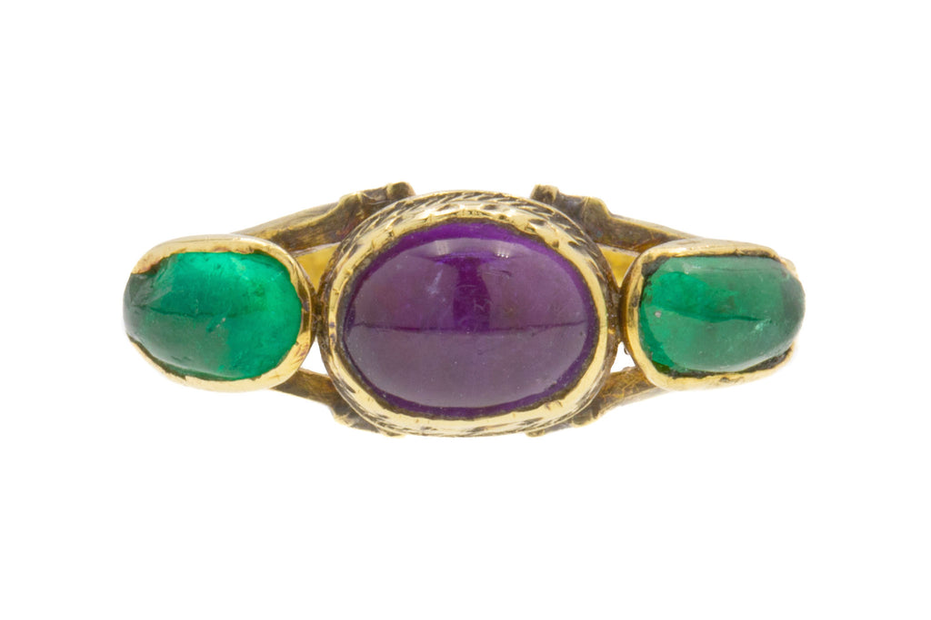 Georgian Iberian 14ct Gold Emerald Amethyst Cabochon Trilogy Ring