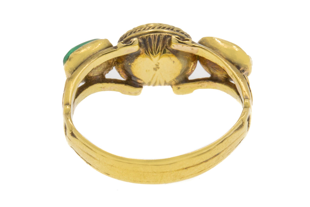 Georgian Iberian 14ct Gold Emerald Amethyst Cabochon Trilogy Ring