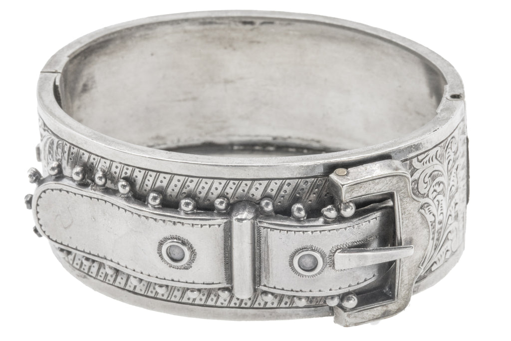 Victorian Aesthetic Silver Buckle Bangle, 7"
