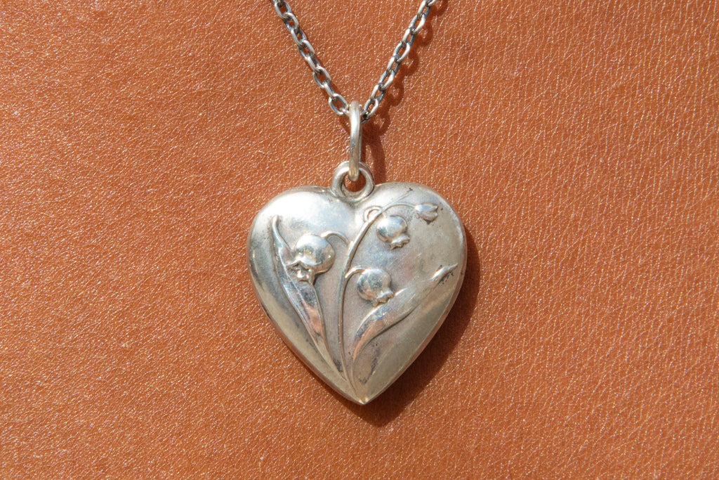 Antique Silver Lily-of-the-Valley Heart Repousse Pendant, with 18" Chain