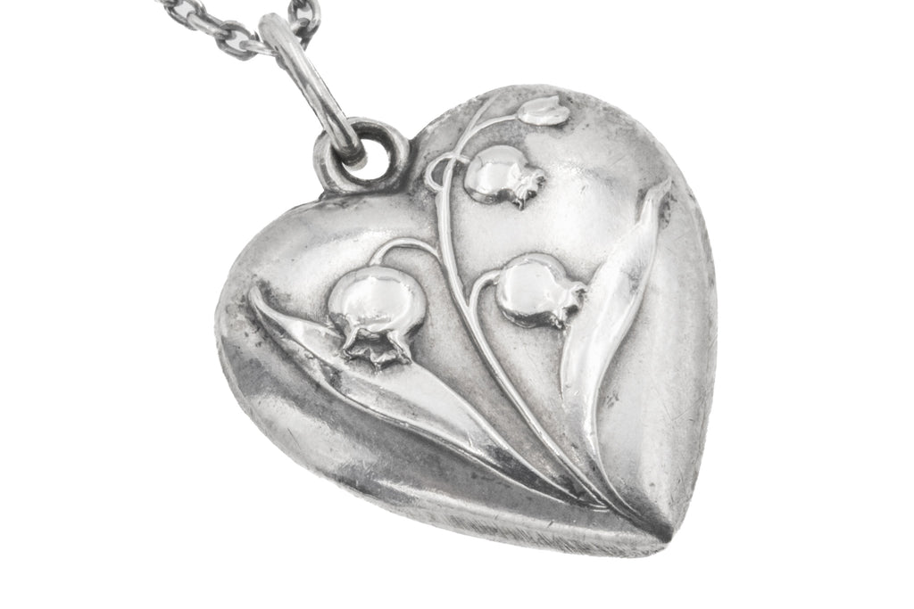 Antique Silver Lily-of-the-Valley Heart Repousse Pendant, with 18" Chain