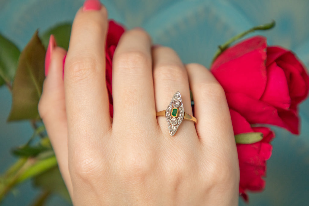 Antique 18ct Gold Emerald Diamond Navette Engagement Ring, Platinum Settings