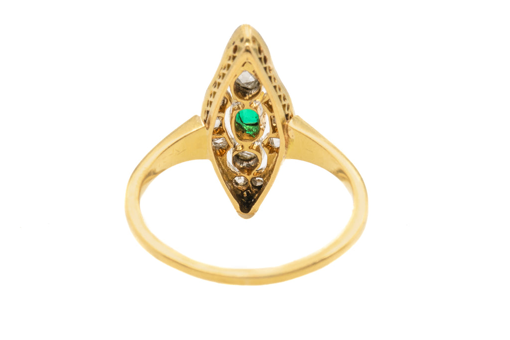 Antique 18ct Gold Emerald Diamond Navette Engagement Ring, Platinum Settings
