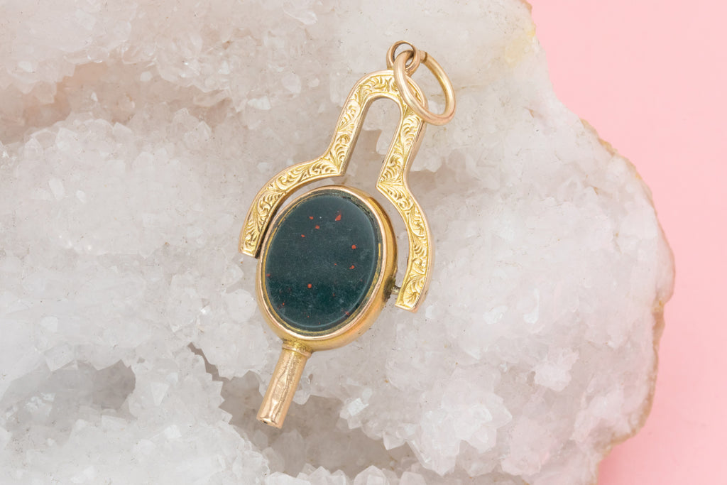 Victorian 15ct Gold Cased Bloodstone & Onyx Swivel Watch Key Pendant