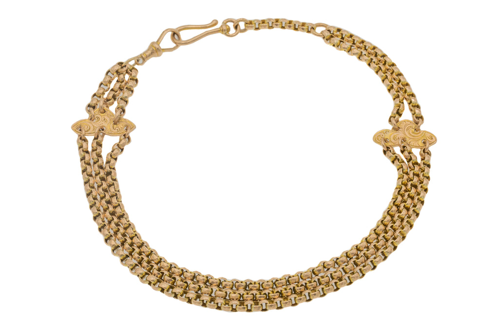 14" Victorian 9ct Gold Faceted Multi-Strand Albert Chain, 9ct Gold Dog-clip & Fish Hook, 30.9g