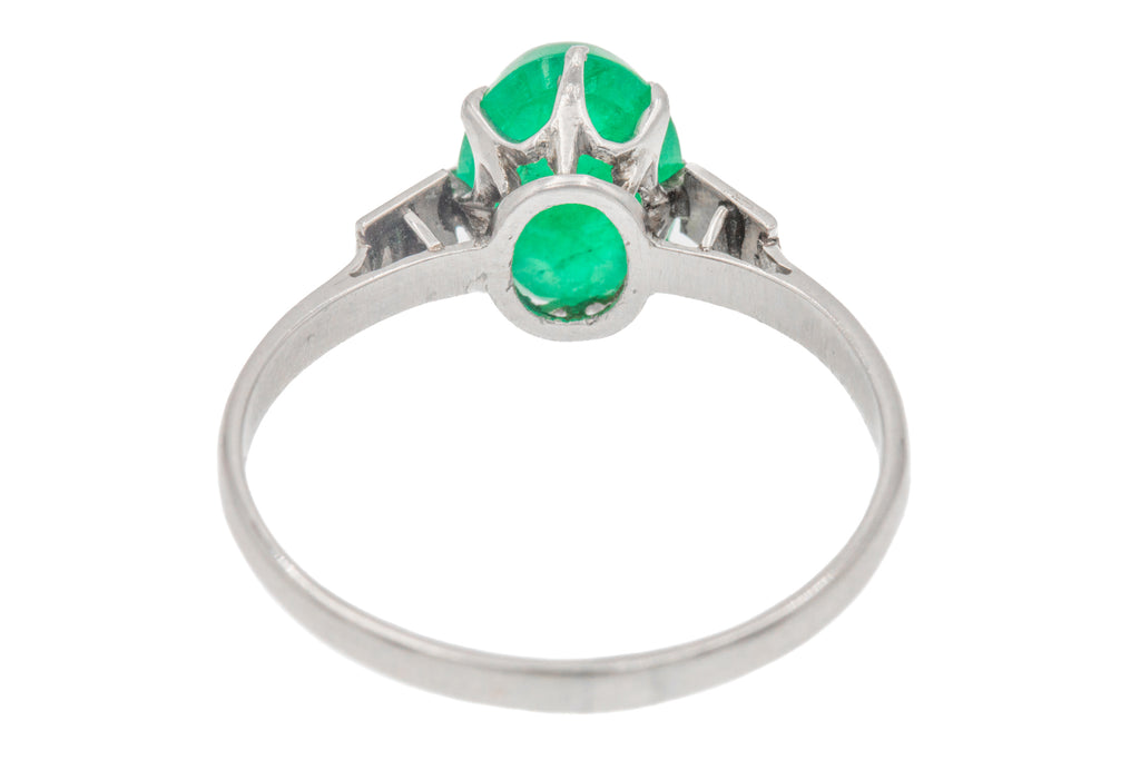 Art Deco Platinum Emerald Cabochon Solitaire Ring, 1.70ct