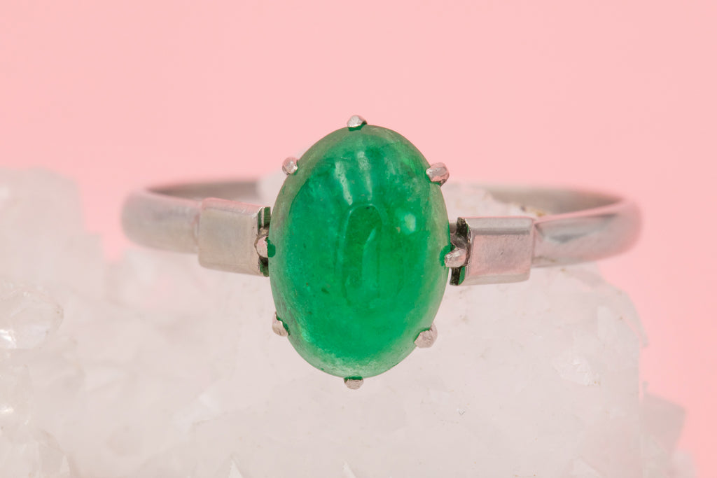 Art Deco Platinum Emerald Cabochon Solitaire Ring, 1.70ct