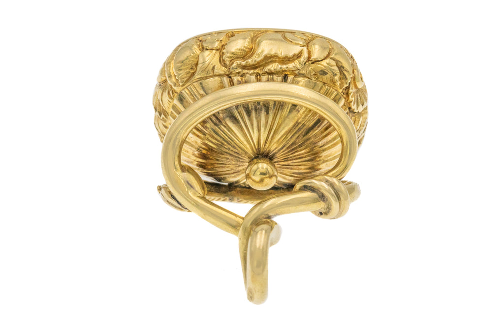 Victorian Solid 18ct Gold Chalcedony Snake Fob Pendant, Heraldic Crest Intaglio
