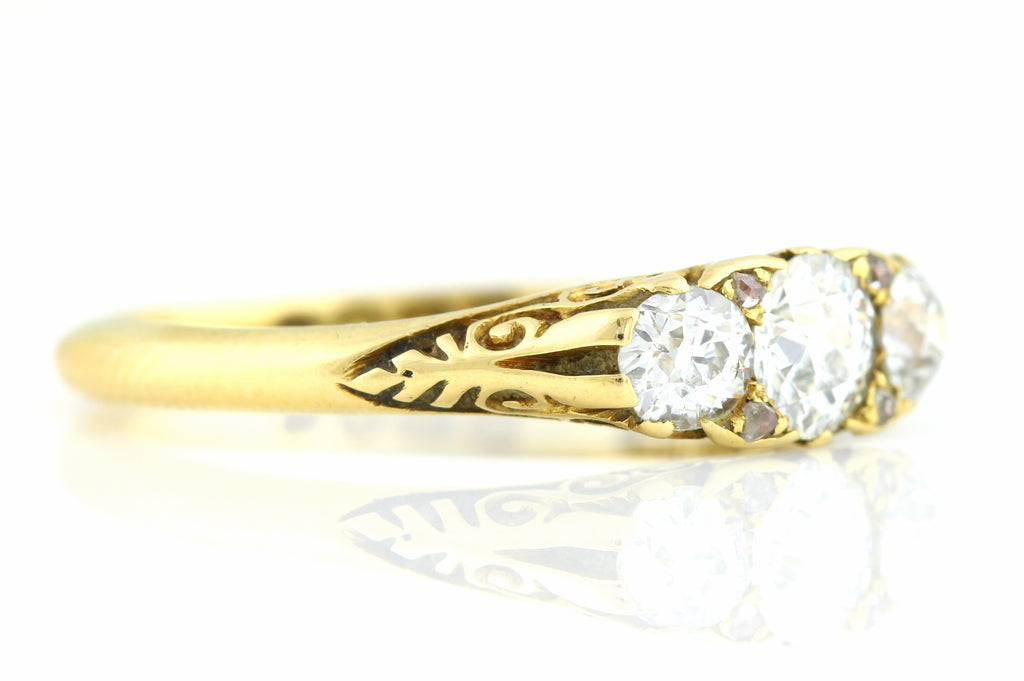 18ct Gold Edwardian Diamond Trilogy Ring (with Cognac Diamond Accents) c.1901