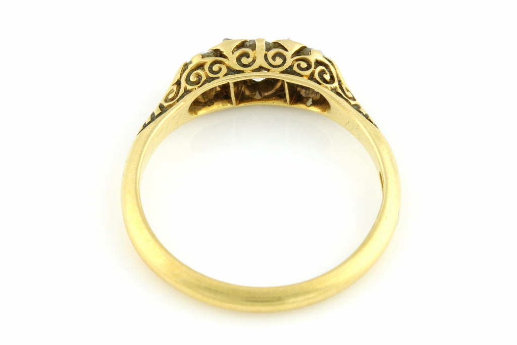 18ct Gold Edwardian Diamond Trilogy Ring (with Cognac Diamond Accents) c.1901