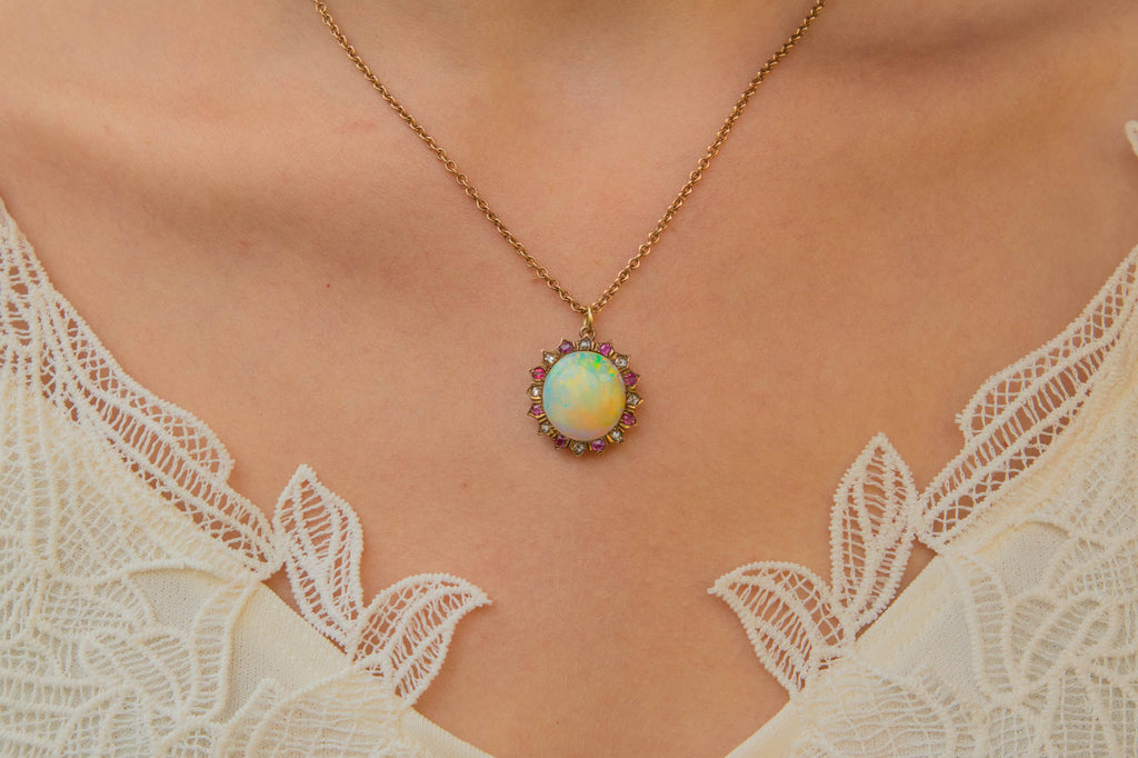Antique 9ct Gold Opal Ruby Diamond Pendant, 4.00ct Opal