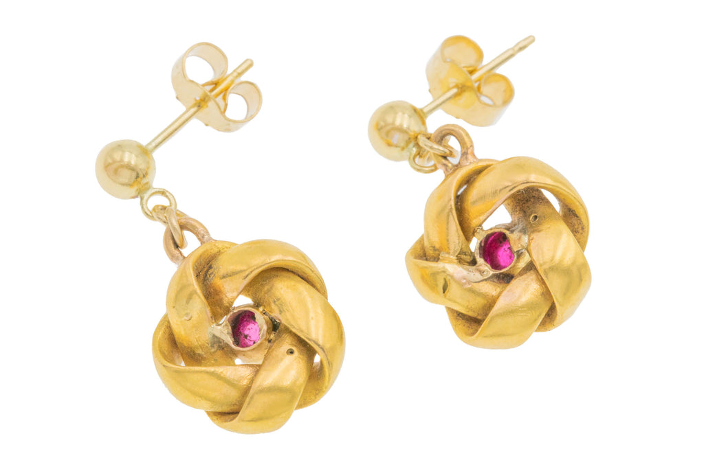 Edwardian 18ct Gold Ruby Cabochon Knot Stud Earrings