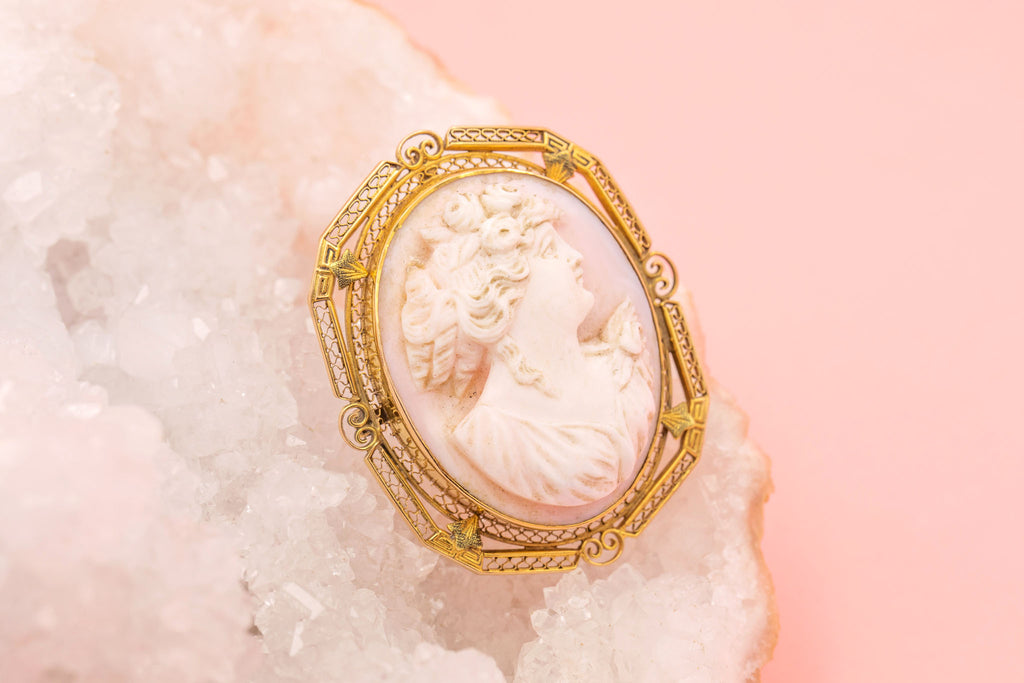 Victorian 10ct Gold "Angel's Skin" Coral Cameo Pendant Brooch