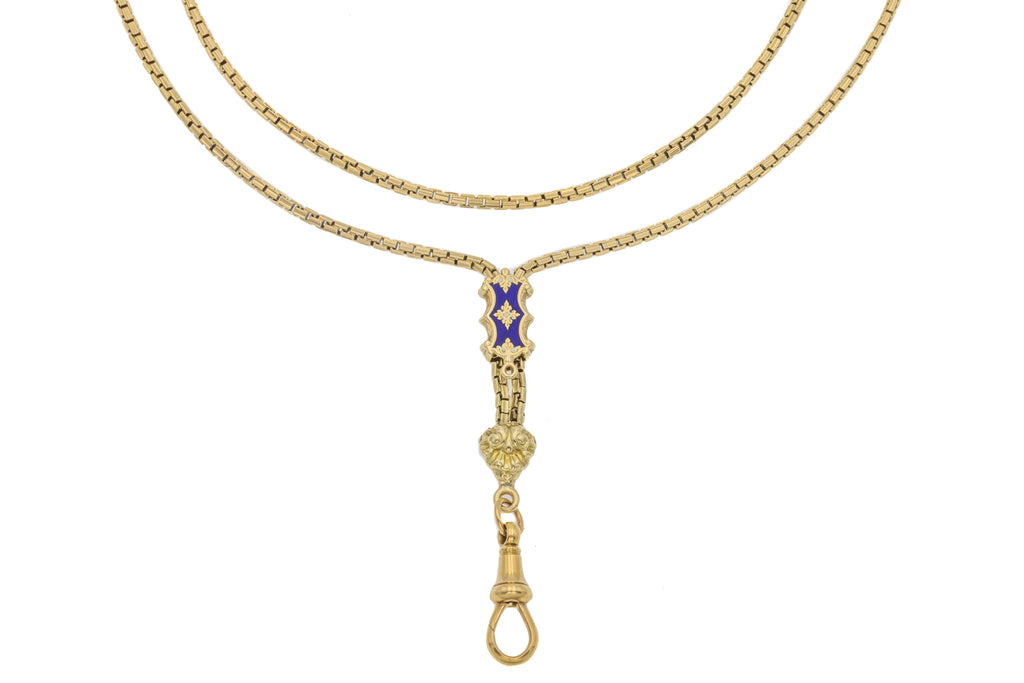 50" Victorian 15ct Gold Blue Enamel Slider Chain & Antique 18ct Gold Dog-Clip (43.4g)
