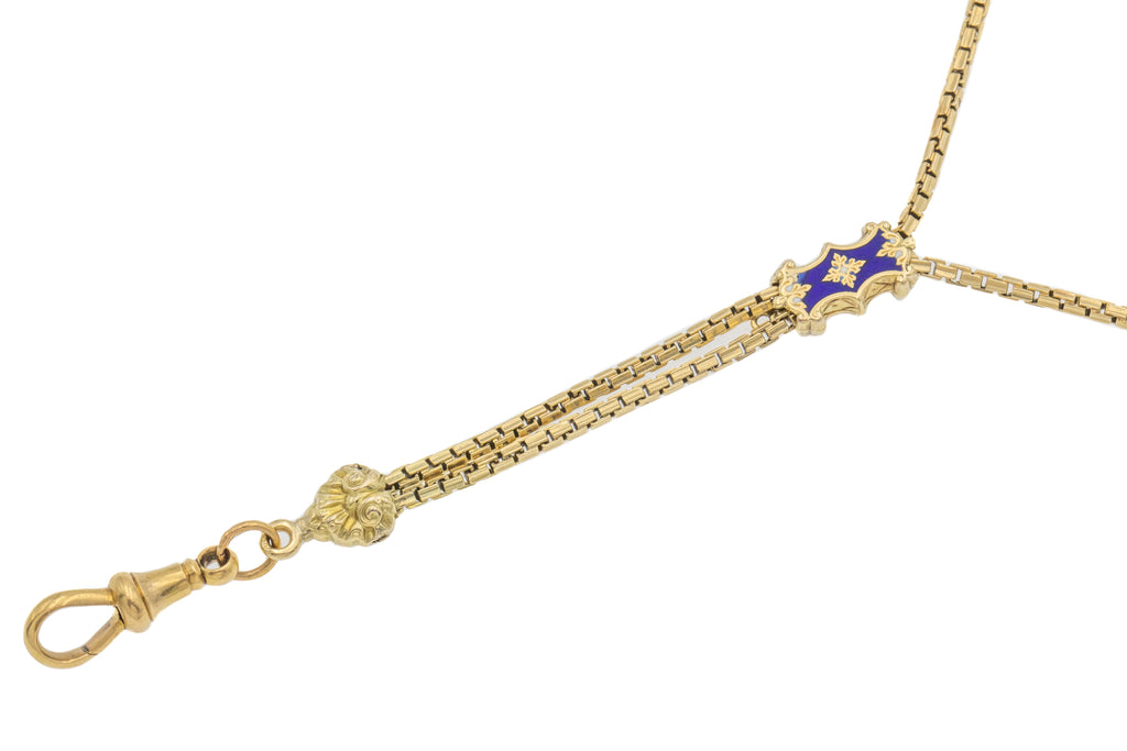 50" Victorian 15ct Gold Blue Enamel Slider Chain & Antique 18ct Gold Dog-Clip (43.4g)
