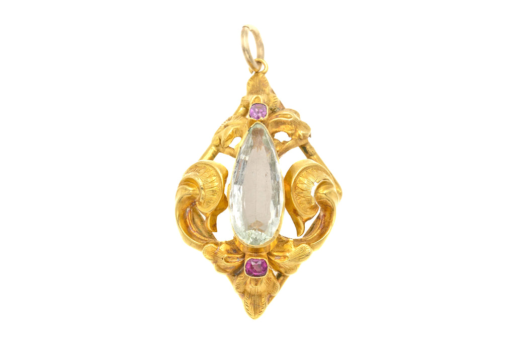 Antique 18ct Gold Aquamarine Ruby Garnet Pendant, 1.27ct Aqua