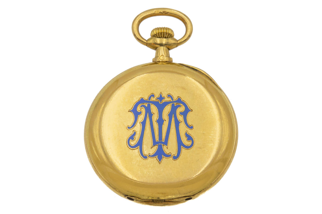 Antique 18ct Gold Powder Blue Enamel Pocket Watch -"TM"