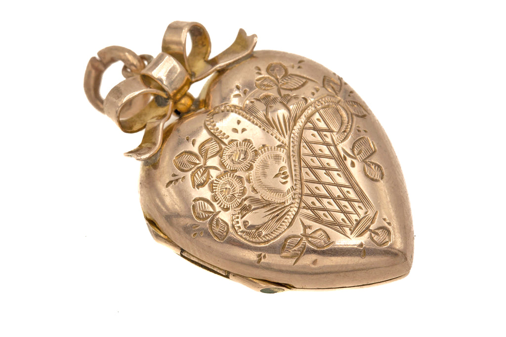 9ct Gold Engraved Heart Locket, Ribbon Bale