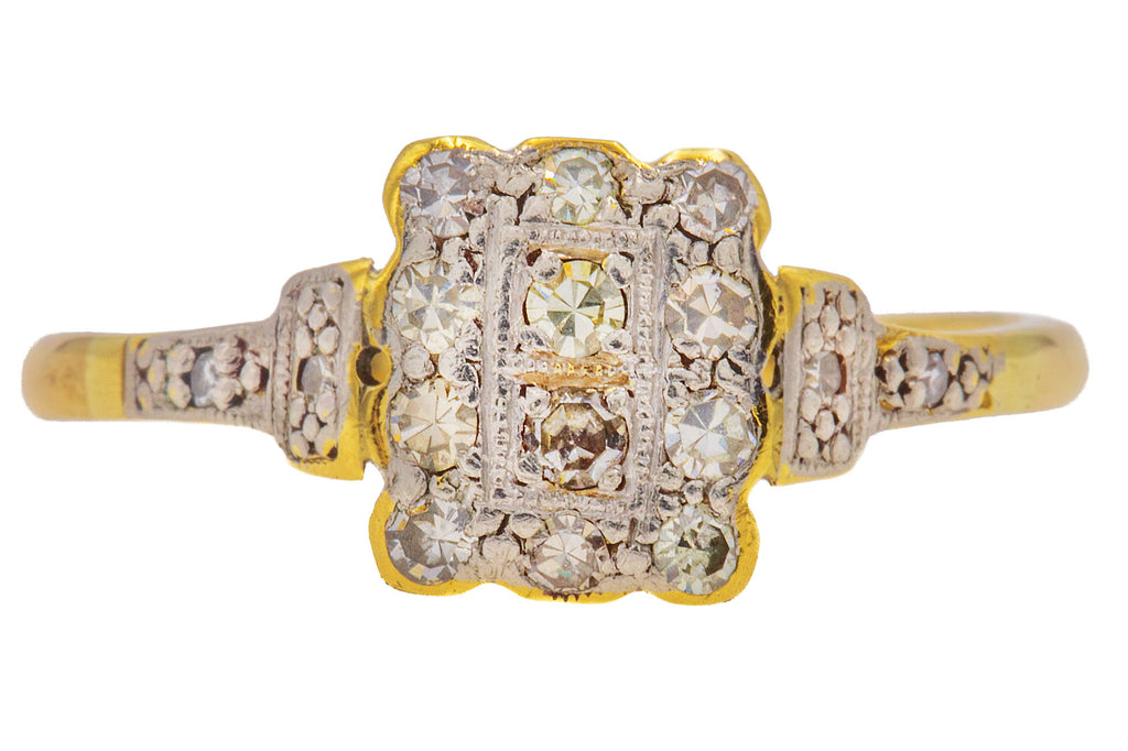 Edwardian Rectangular Diamond Cluster Ring - 9ct Gold & Platinum