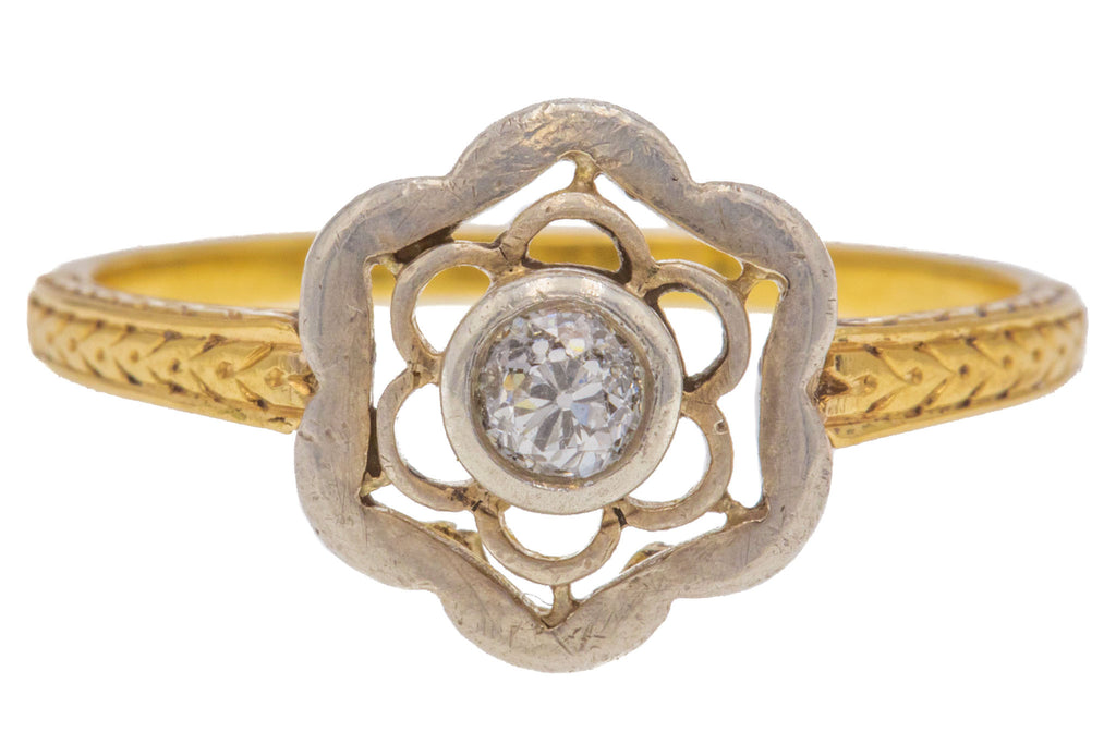 Edwardian 18ct Gold Diamond Flower Ring, Rare Old European-Cut Diamond