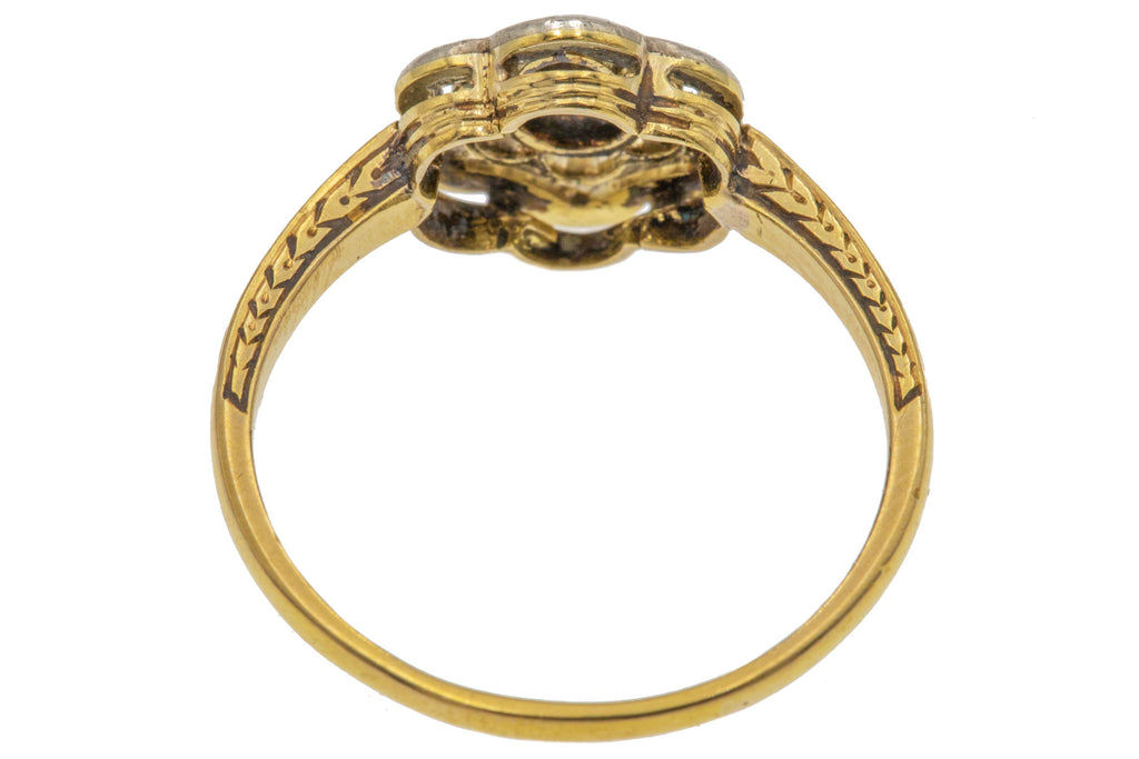 Edwardian 18ct Gold Diamond Flower Ring, Rare Old European-Cut Diamond