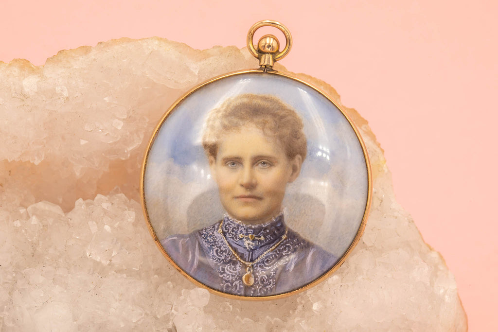 Large Edwardian Solid 9ct Gold Hand-Painted Round Portrait Locket