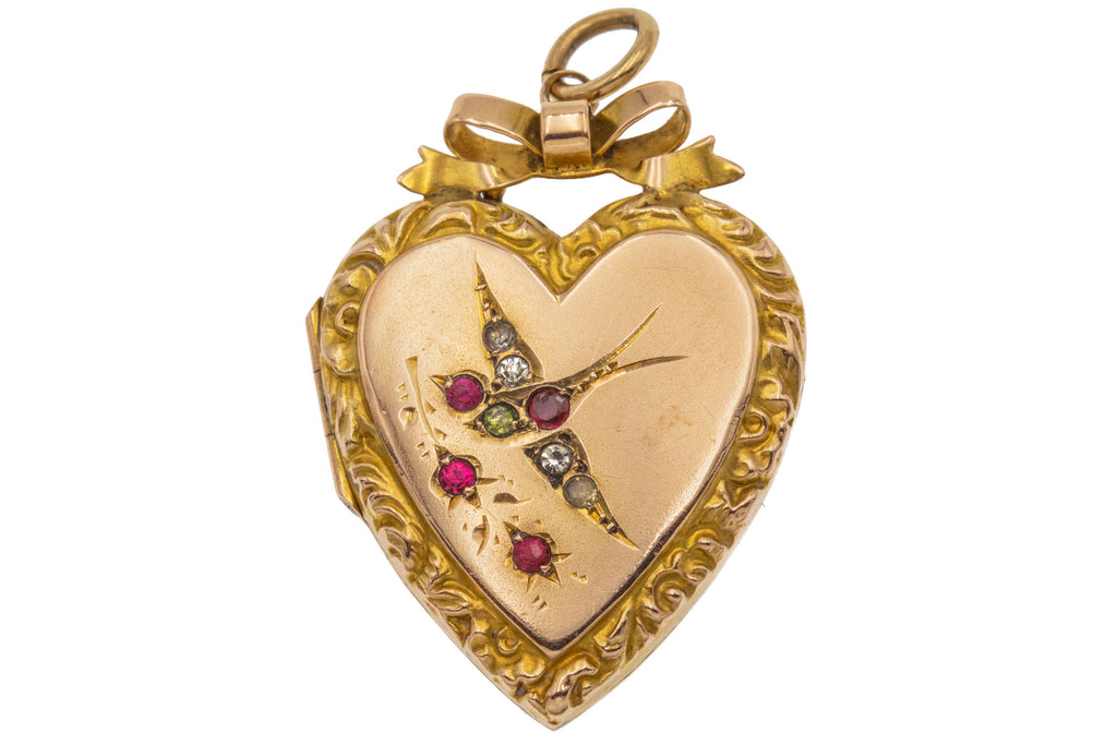 Victorian 9ct Gold Paste "Bird in Flight" Embossed Heart Locket