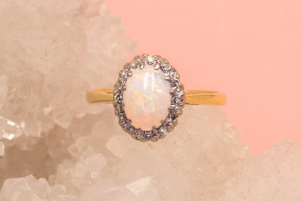 18ct Gold Platinum Opal Diamond Cluster Ring, 0.70ct Opal