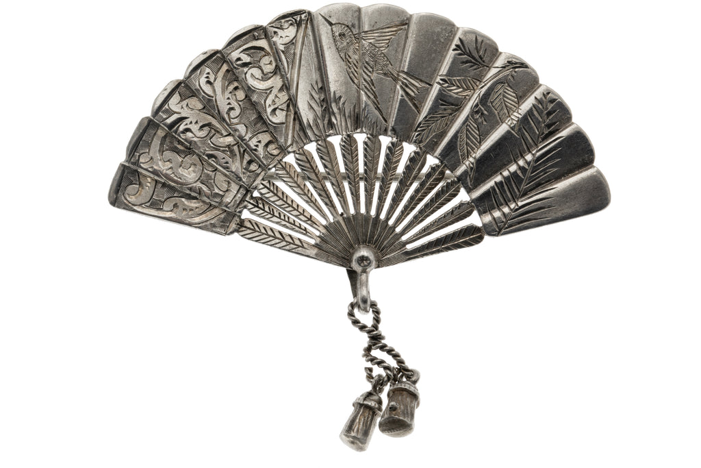 Victorian Aesthetic Silver Fan Brooch With Tassels