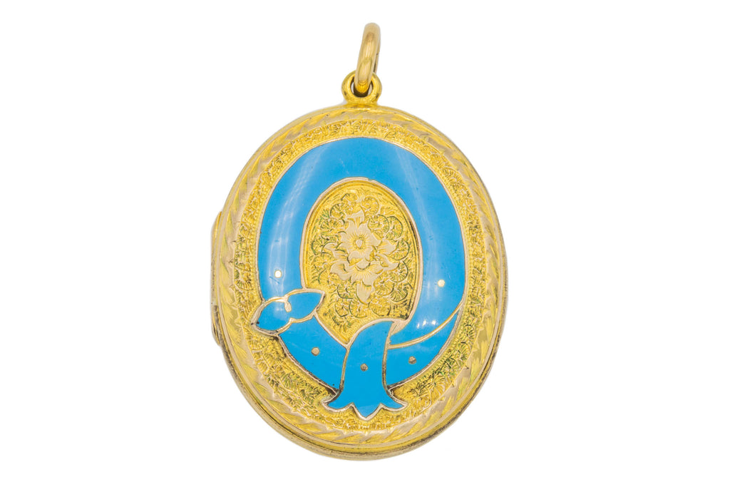 Victorian 9ct Gold Blue Enamel Buckle Engraved Family Locket