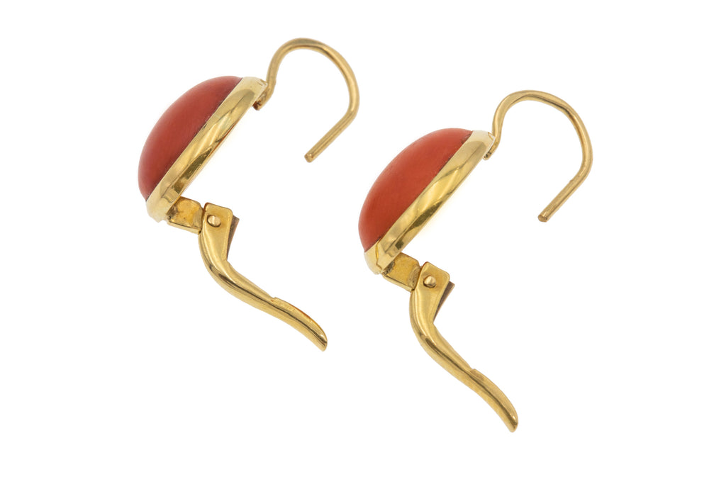 Antique 18ct Gold Coral Lever-Back Hook Earrings