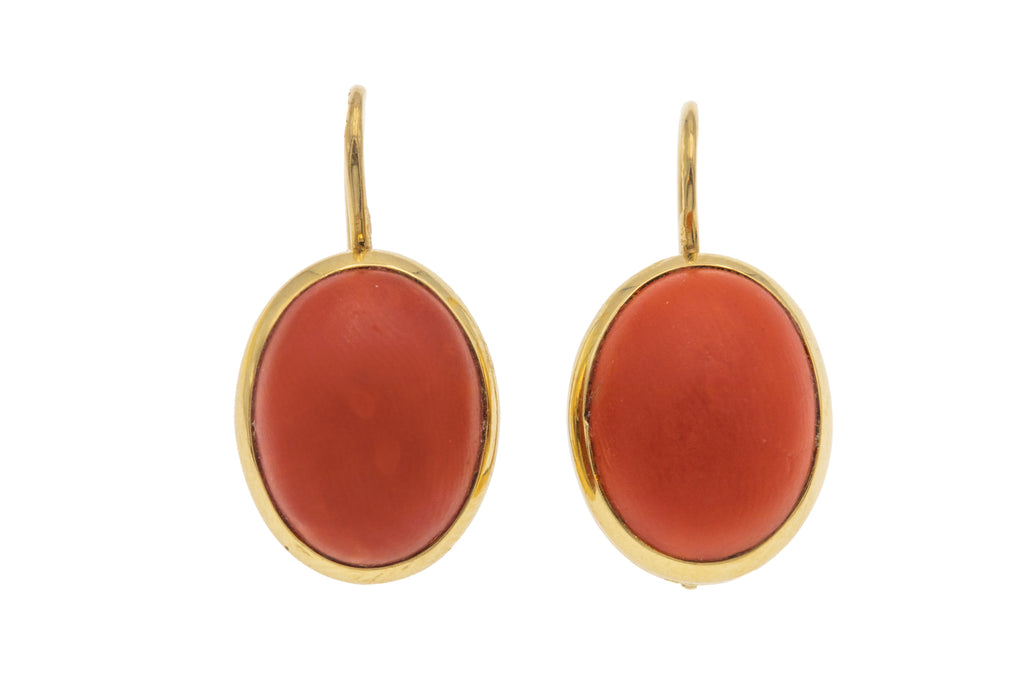 Antique 18ct Gold Coral Lever-Back Hook Earrings