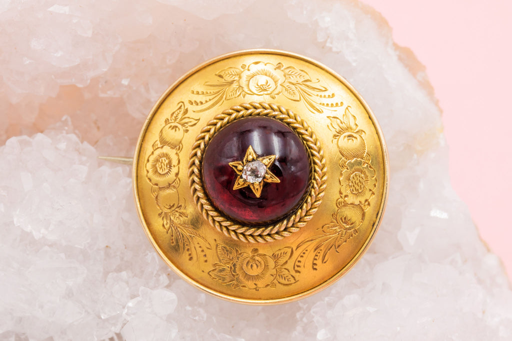 Antique Etruscan Revival 18ct Gold Garnet Diamond Round Brooch