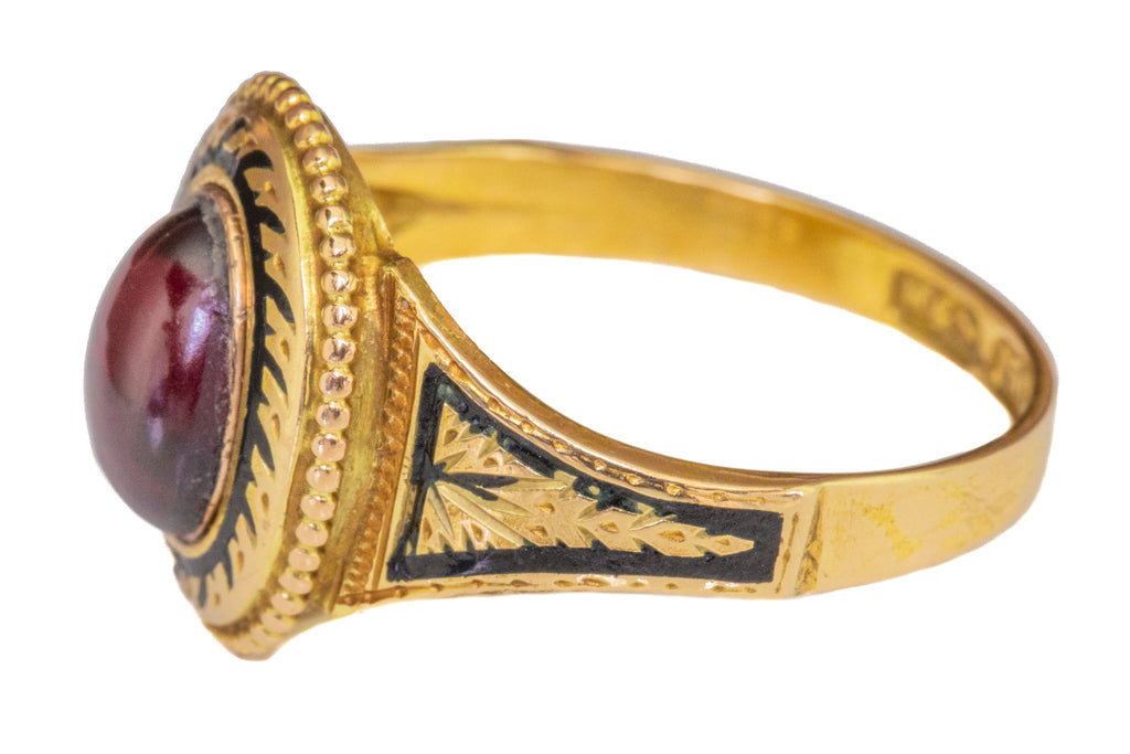 Antique 15ct Gold Garnet Cabochon Black Enamel Ring, 1.25ct