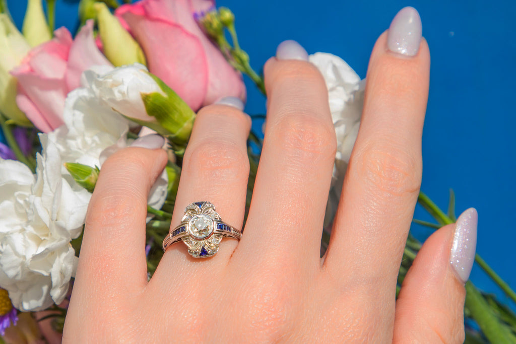 Art Deco 18ct White Gold Old European-Cut Diamond & Natural Sapphire Engagement Ring - 0.63ct Diamond