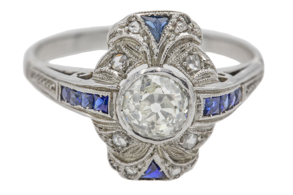 Art Deco 18ct White Gold Old European-Cut Diamond & Natural Sapphire Engagement Ring - 0.63ct Diamond
