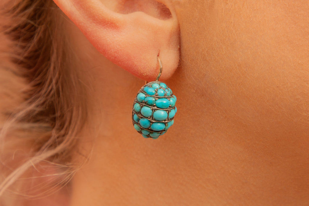 Antique Victorian  9ct Gold Turquoise Pavé "Bombe" Earrings