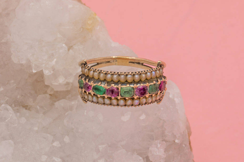 Georgian 9ct Gold Pearl Half Hoop Ring, Emerald & Ruby Paste