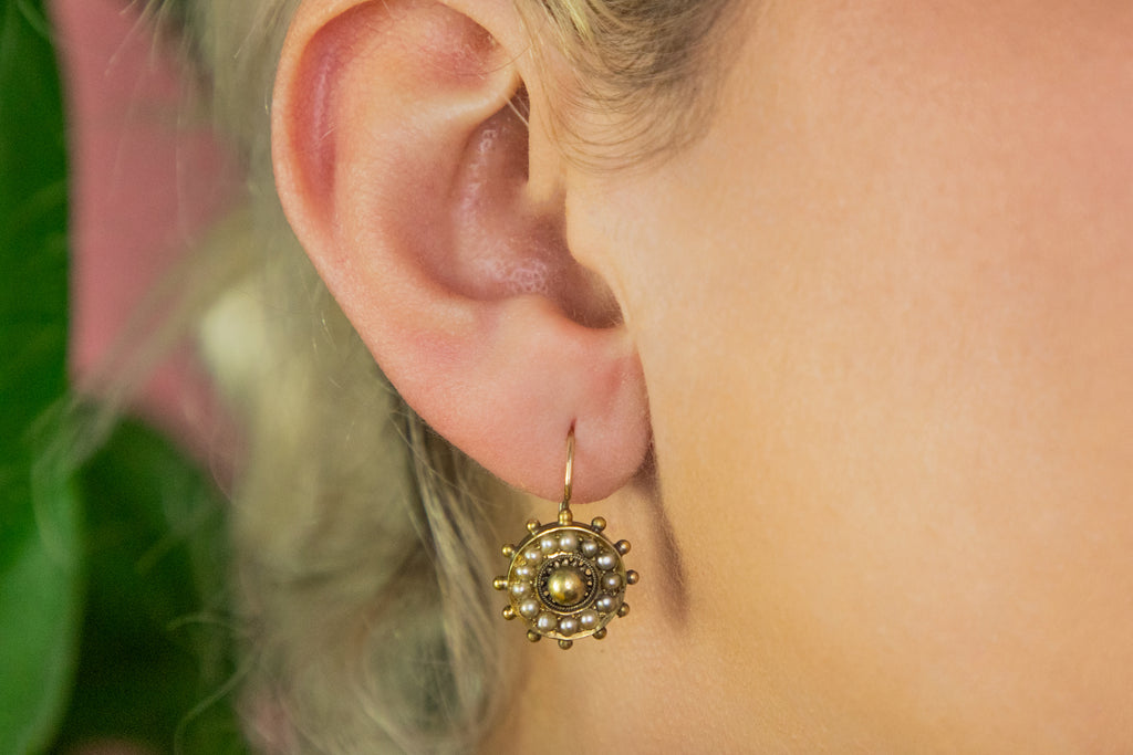 Antique 14ct Gold Pearl 'Ship's Wheel' Earrings