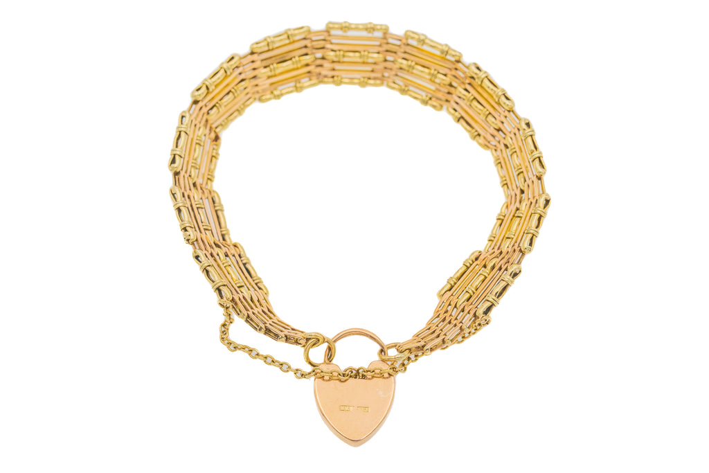 9ct Gold Heart Padlock "Bamboo" Gate Bracelet, 16.3g