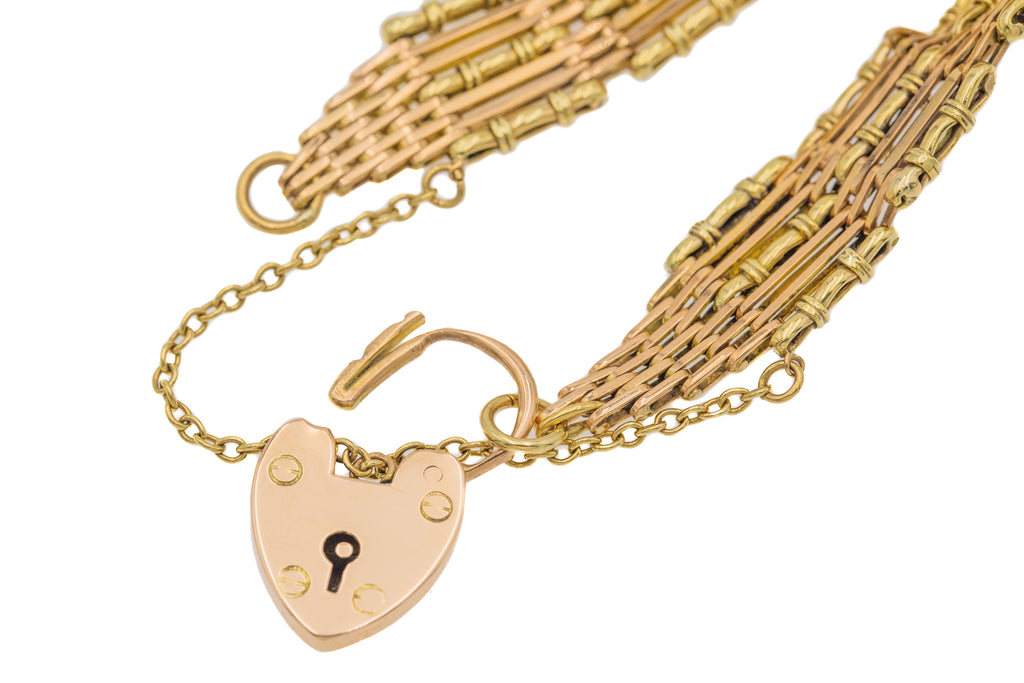 9ct Gold Heart Padlock "Bamboo" Gate Bracelet, 16.3g