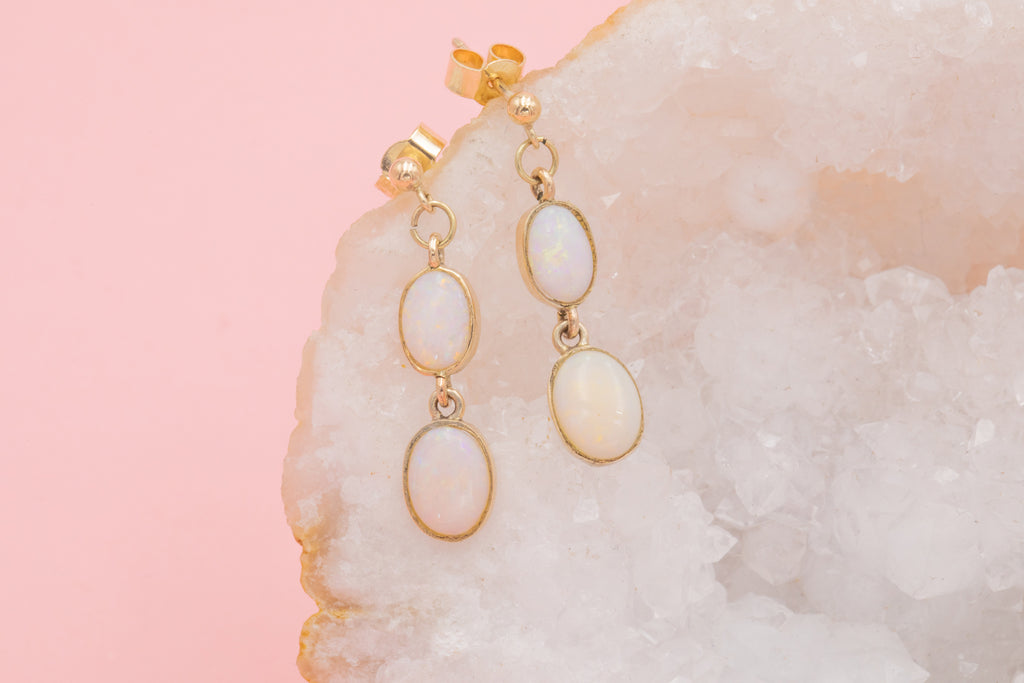 Antique 9ct Gold Bezel-Set Opal Drop Earrings, 1.10ct