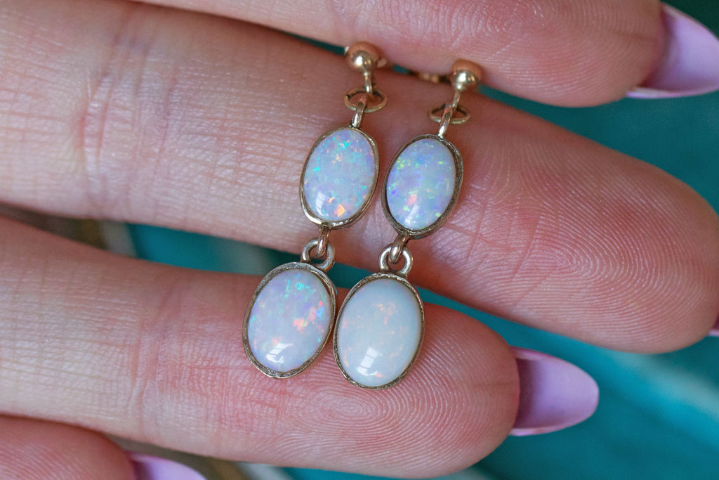 Antique 9ct Gold Bezel-Set Opal Drop Earrings, 1.10ct