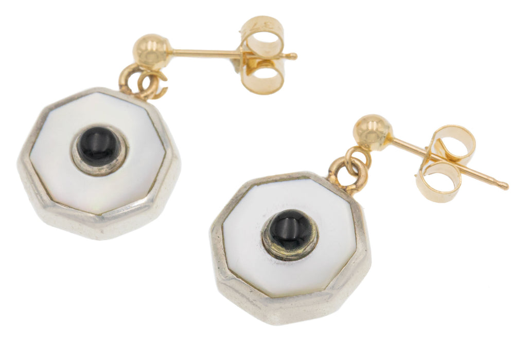 Art Deco Silver Mother Of Pearl Onyx Earrings